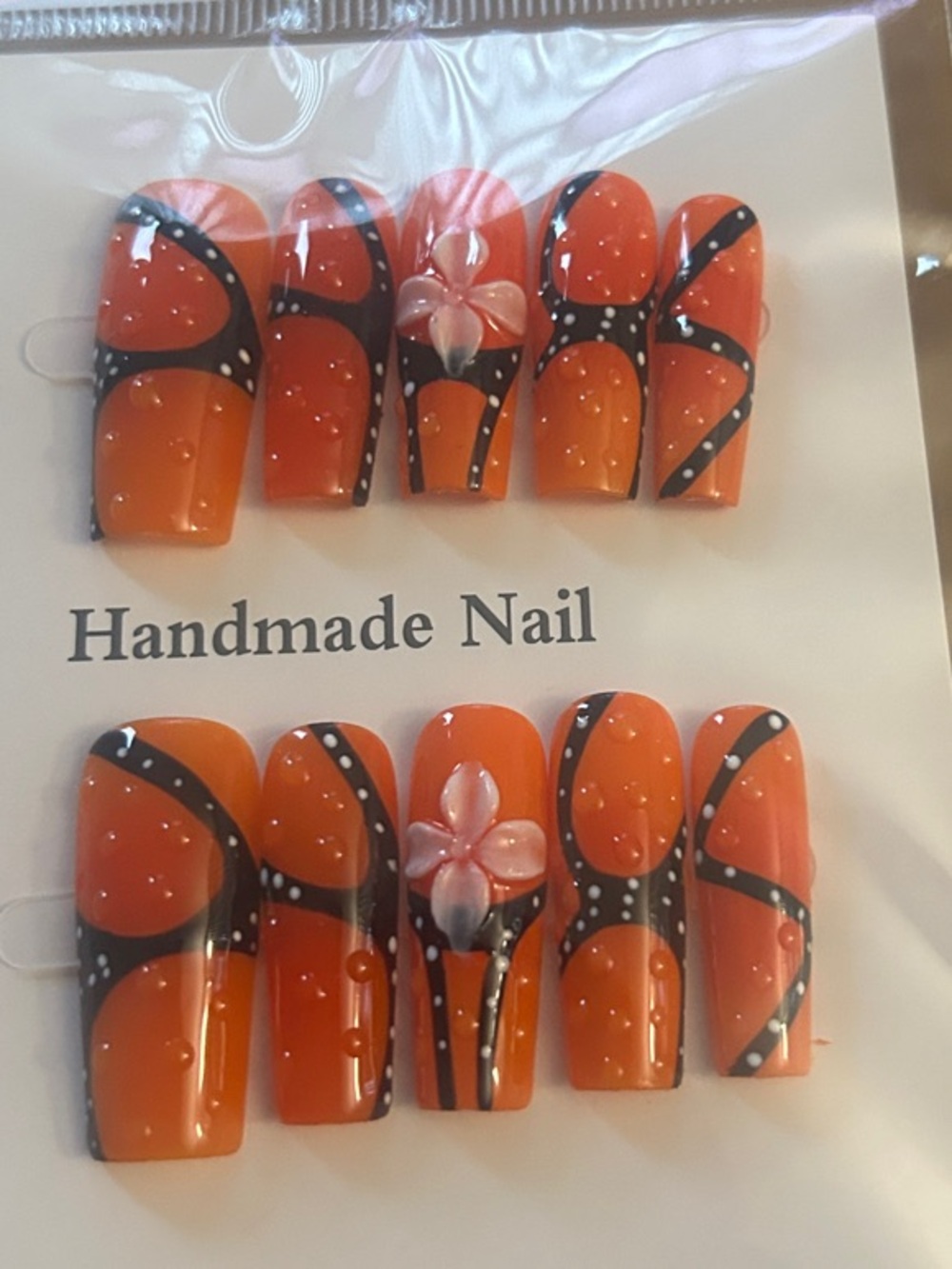 Handmade Orange Floral Press-On Nails